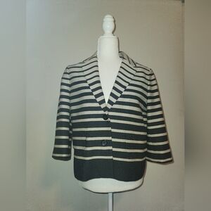 Ann Taylor Black And Khaki Tan Nautical Striped Summer Blazer Jacket 8 EUC